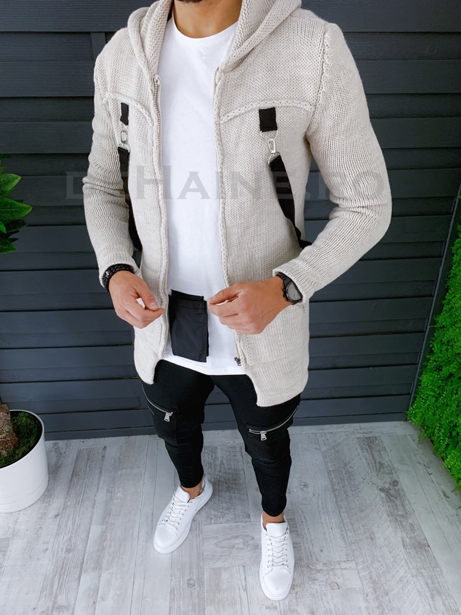 Cardigan barbati bej cu gluga slim fit zr t3615 91-4 /*